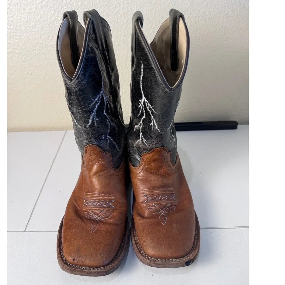 Cody James Western Boots Kids 3 Lightning Bolt Leather Square Toe Brown Black